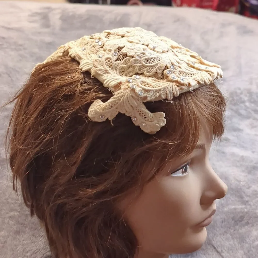 Vintage 1950's Womens Emporium Hat San Francisco New‎ York Rhinestones Cream - Picture 2 of 9
